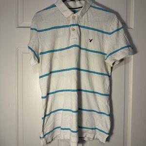 American Eagle White Polo Shirt with Blue Stripes